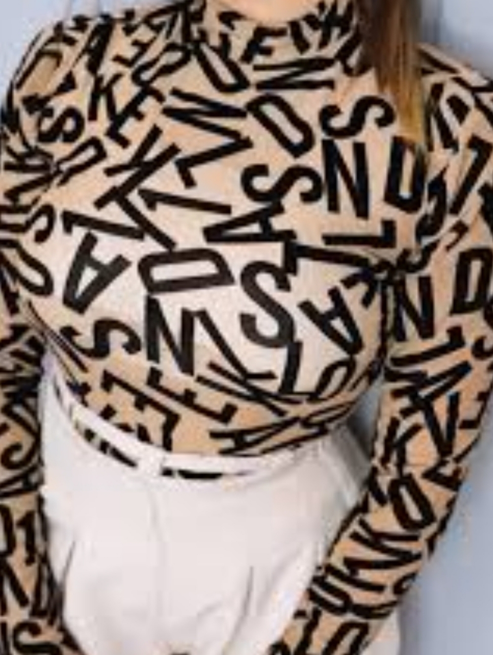Beige and Black Letter-Print Long Sleeve Top